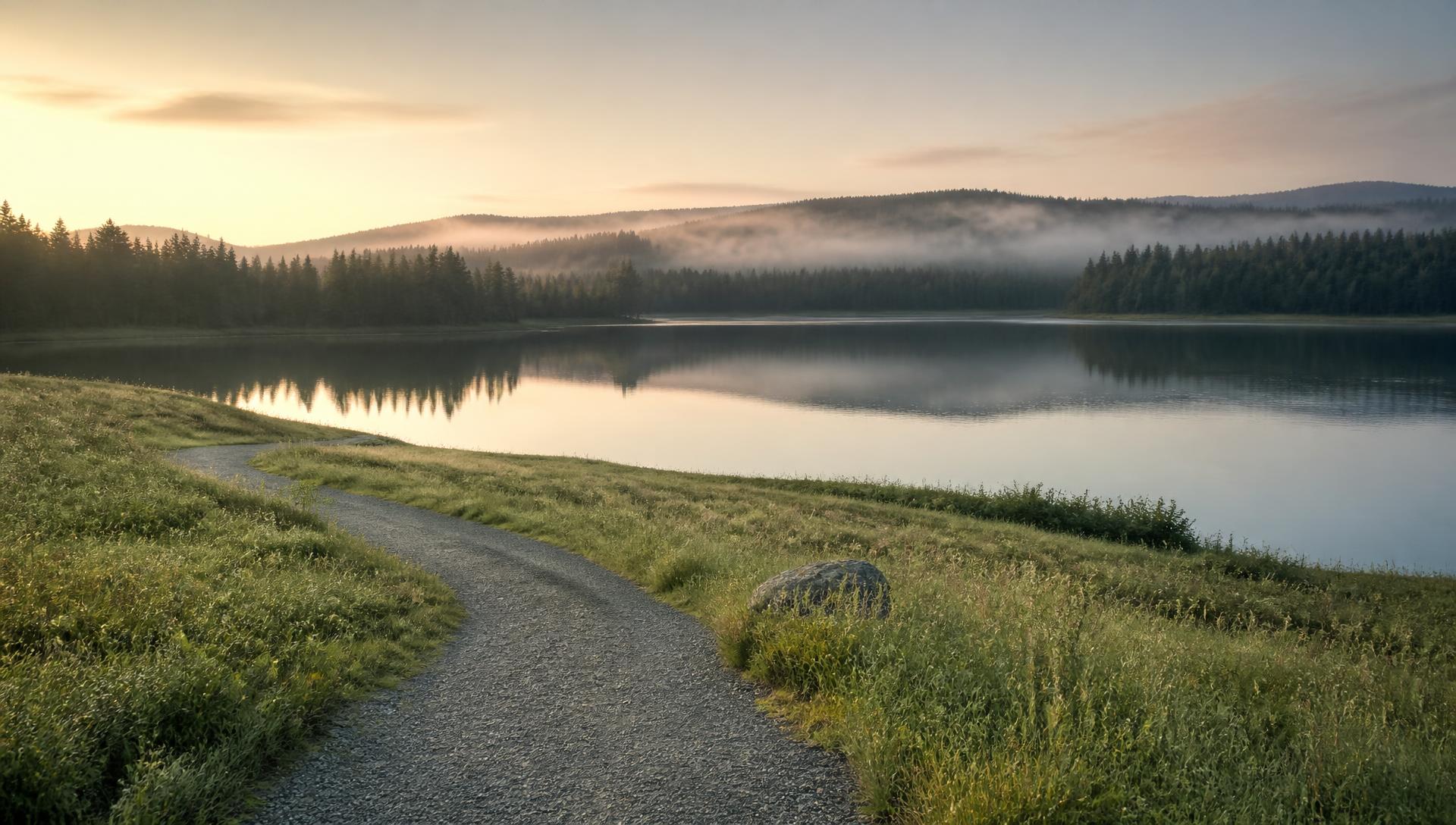 A quiet gravel path curving through meadow grass toward a calm lake at sunrise